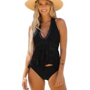 Beachsisi Halter Neck Ruffle Hem Lace Panel Tankini